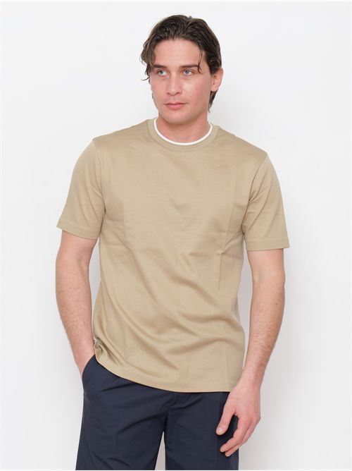t-shirt in cotone beige con bordini a contrasto